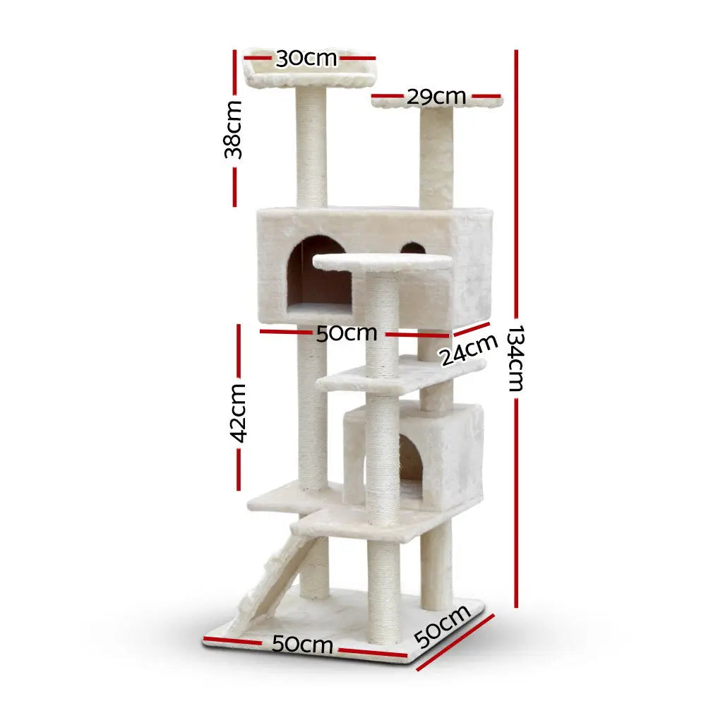 i.Pet Cat Tree 134cm Tower Scratching Post Scratcher Wood Condo House Bed Beige - Paws & Palettes