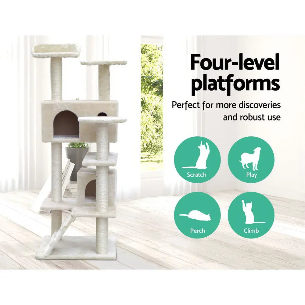 i.Pet Cat Tree 134cm Tower Scratching Post Scratcher Wood Condo House Bed Beige - Paws & Palettes