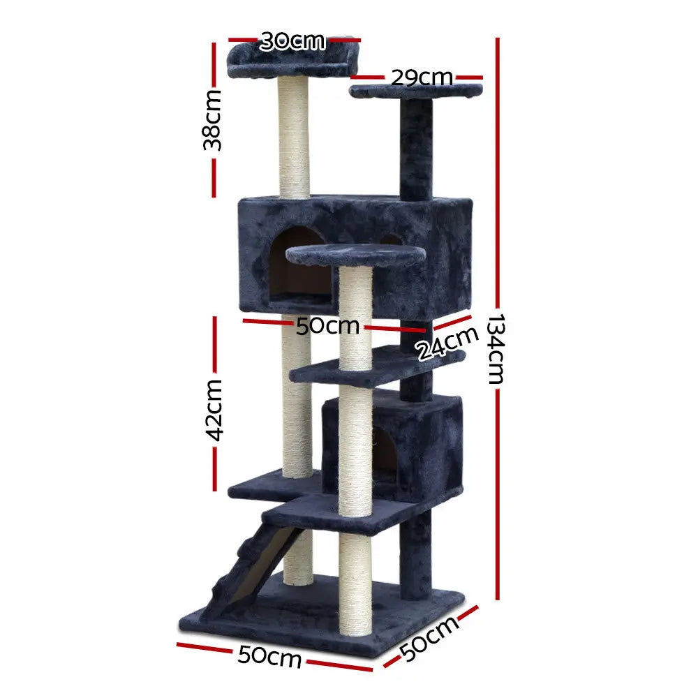 i.Pet Cat Tree 134cm Tower Scratching Post Scratcher Wood Condo House Bed Grey - Paws & Palettes