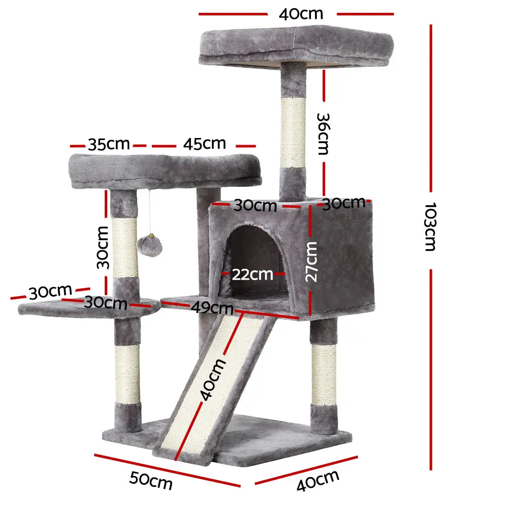 i.Pet Cat Tree 103cm Tower Scratching Post Scratcher Wood Condo House Trees Grey - Paws & Palettes