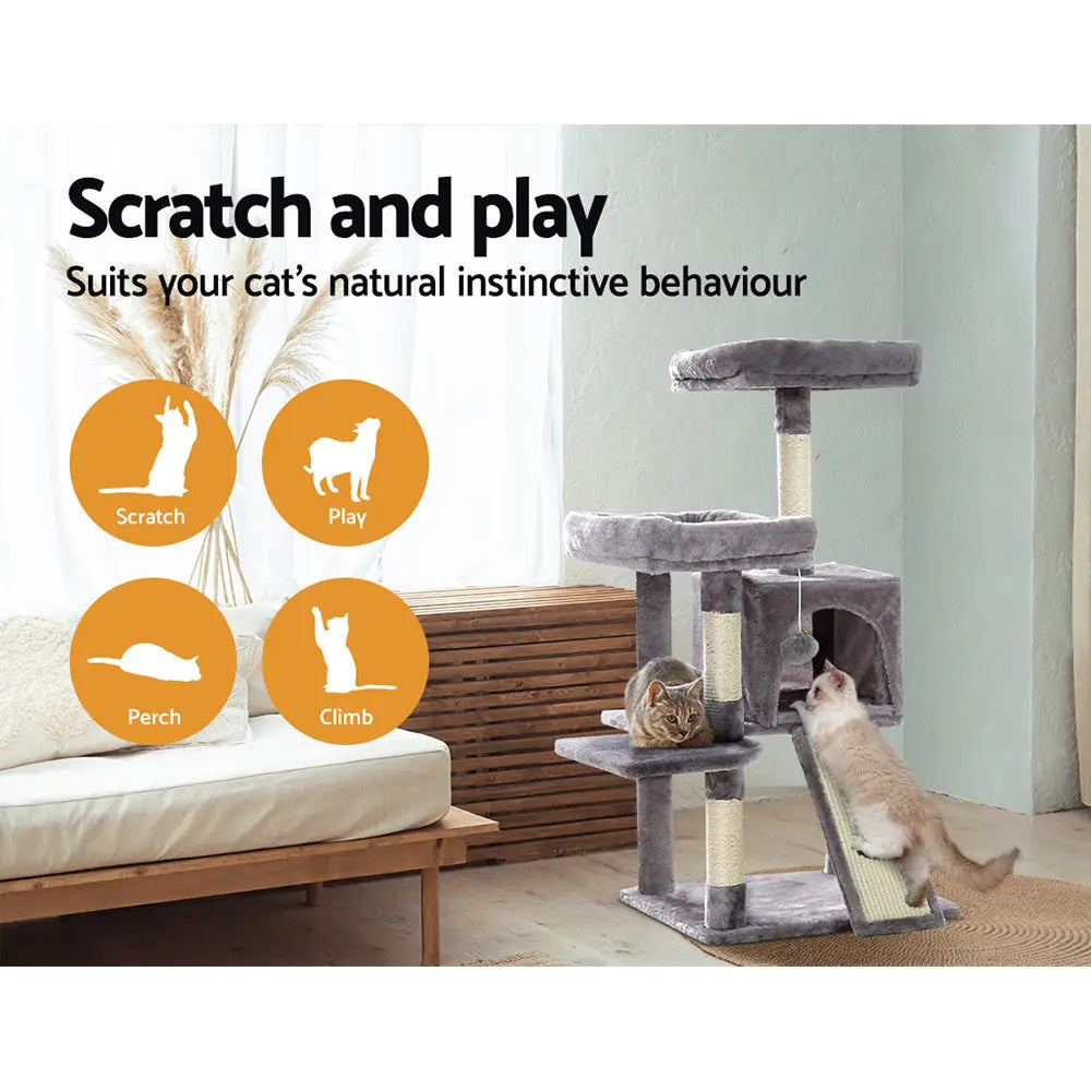 i.Pet Cat Tree 103cm Tower Scratching Post Scratcher Wood Condo House Trees Grey - Paws & Palettes