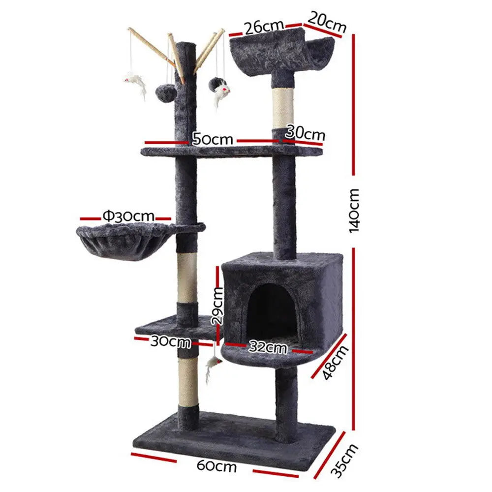i.Pet Cat Tree 140cm Tower Scratching Post Scratcher Trees Toys Condo Bed Grey - Paws & Palettes