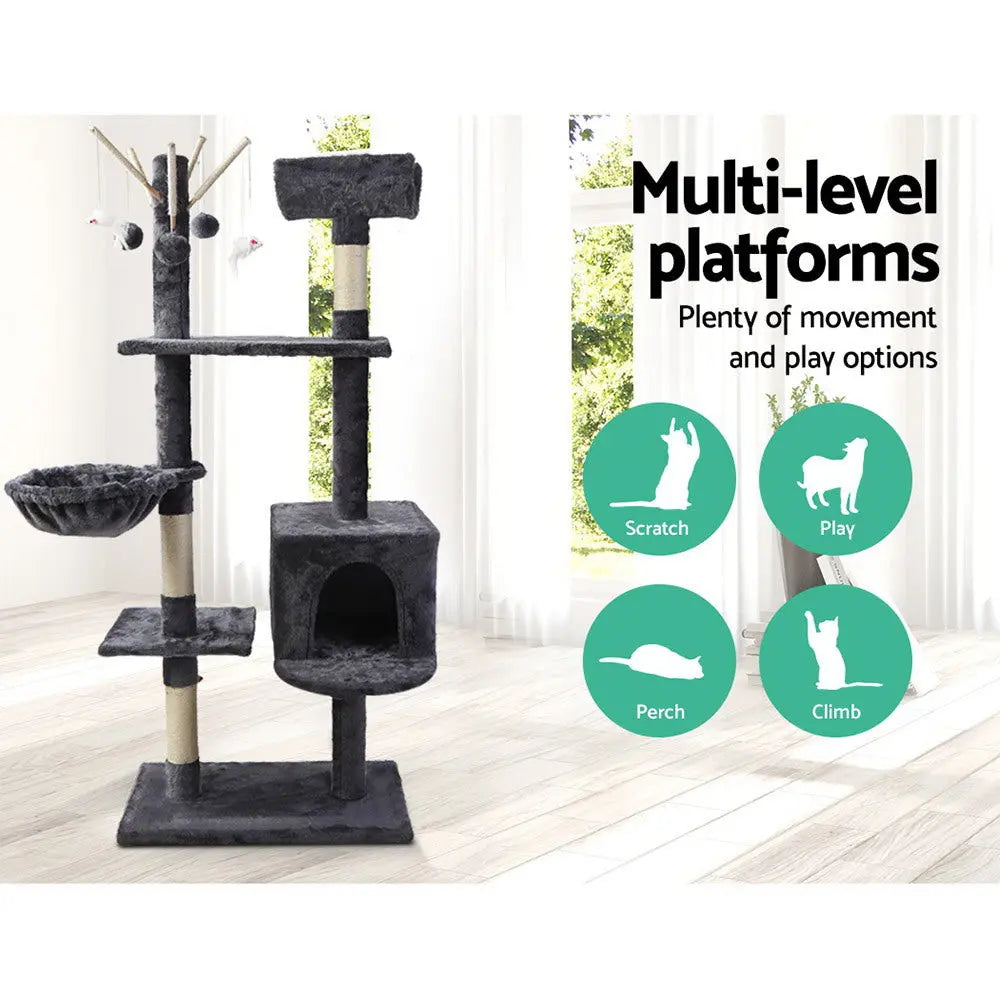 i.Pet Cat Tree 140cm Tower Scratching Post Scratcher Trees Toys Condo Bed Grey - Paws & Palettes