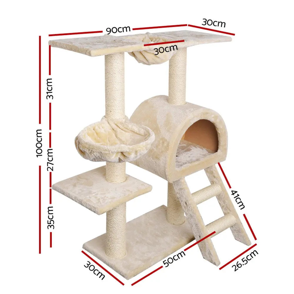 i.Pet Cat Tree 100cm Tower Scratching Post Scratcher Condo House Trees Bed Beige - Paws & Palettes