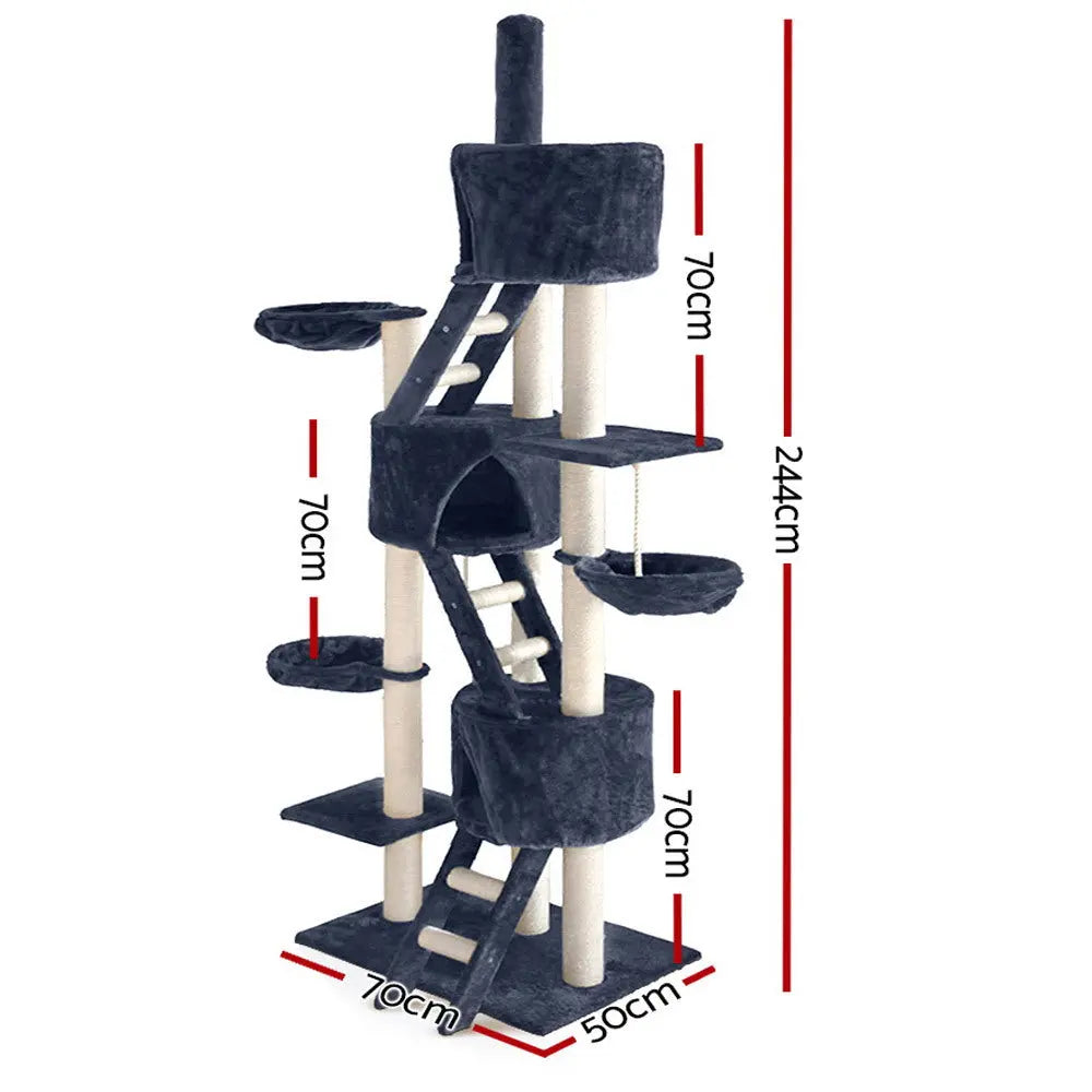 i.Pet Cat Tree 244cm Tower Scratching Post Scratcher Trees Condo House Grey - Paws & Palettes