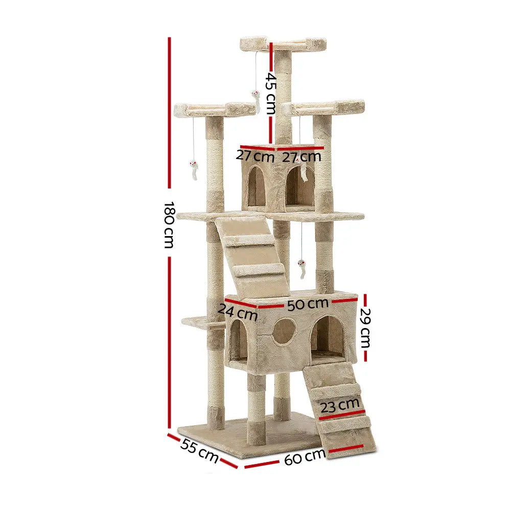 i.Pet Cat Tree 180cm Tower Scratching Post Scratcher Wood Condo House Toys Beige - Paws & Palettes