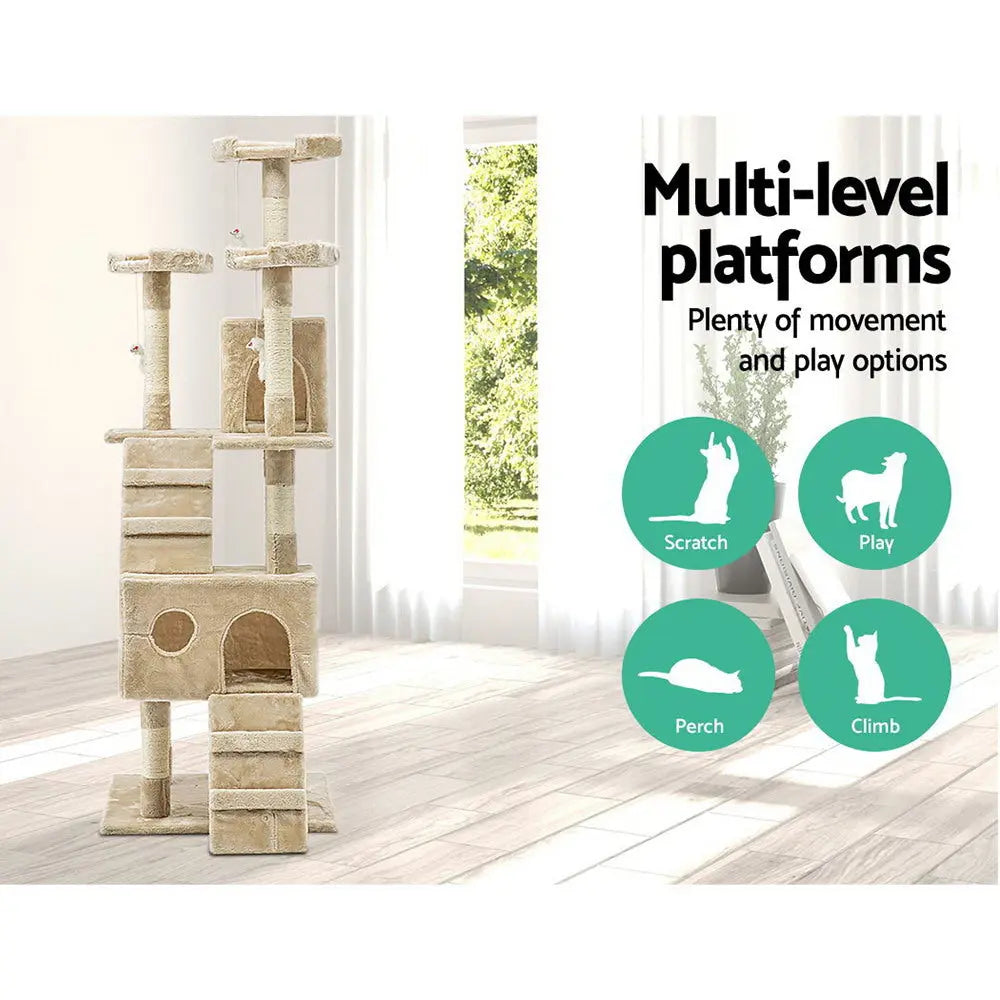 i.Pet Cat Tree 180cm Tower Scratching Post Scratcher Wood Condo House Toys Beige - Paws & Palettes