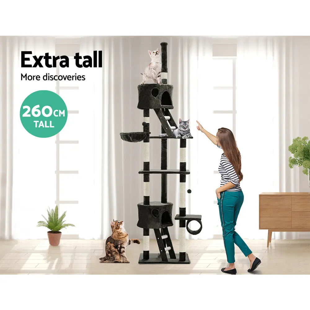 i.Pet Cat Tree 260cm Tower Scratching Post Scratcher Condo House Trees Grey - Paws & Palettes