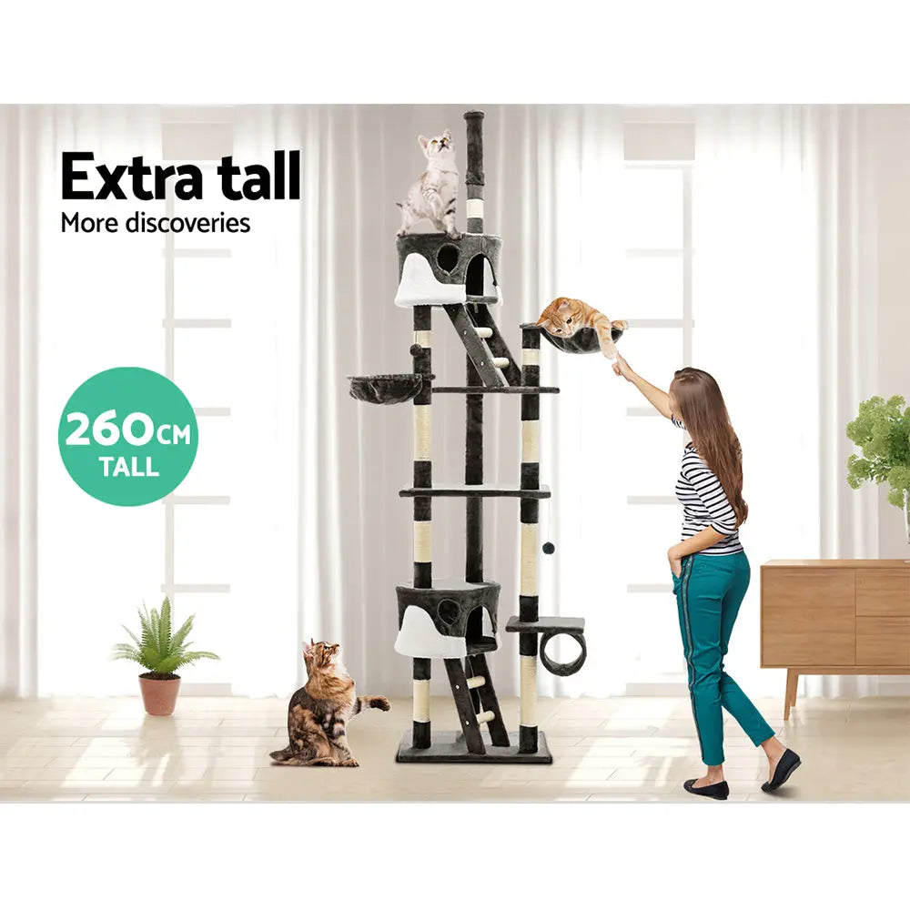 i.Pet Cat Tree 260cm Tower Scratching Post Scratcher Condo House Trees Grey - Paws & Palettes