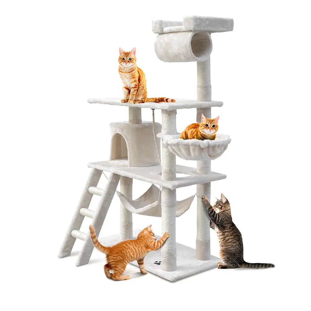 i.Pet Cat Tree 141cm Tower Scratching Post Scratcher Condo Wood House Bed Beige - Paws & Palettes