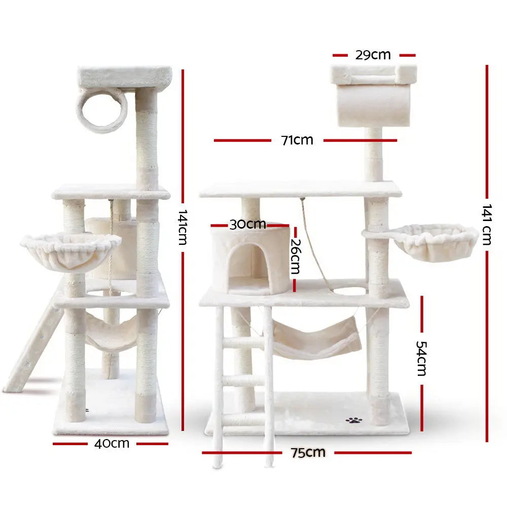 i.Pet Cat Tree 141cm Tower Scratching Post Scratcher Condo Wood House Bed Beige - Paws & Palettes