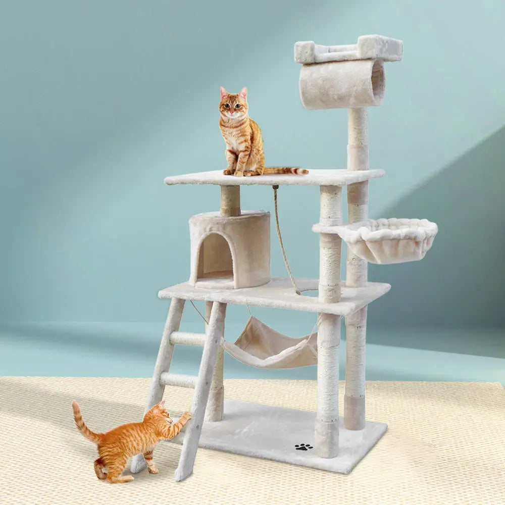 i.Pet Cat Tree 141cm Tower Scratching Post Scratcher Condo Wood House Bed Beige - Paws & Palettes
