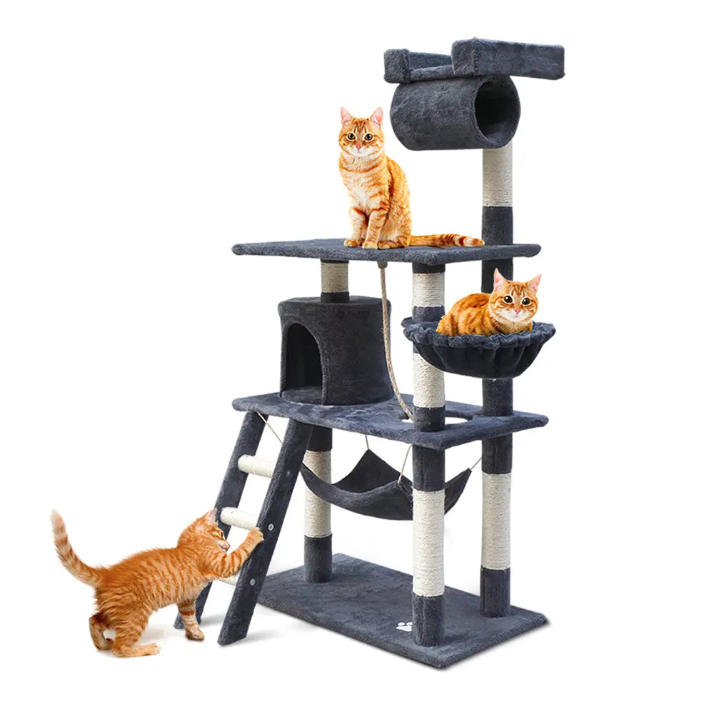 i.Pet Cat Tree 141cm Tower Scratching Post Scratcher Condo Wood House Bed Grey - Paws & Palettes