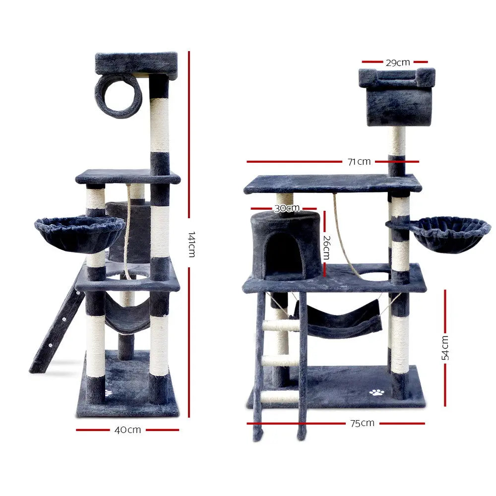 i.Pet Cat Tree 141cm Tower Scratching Post Scratcher Condo Wood House Bed Grey - Paws & Palettes