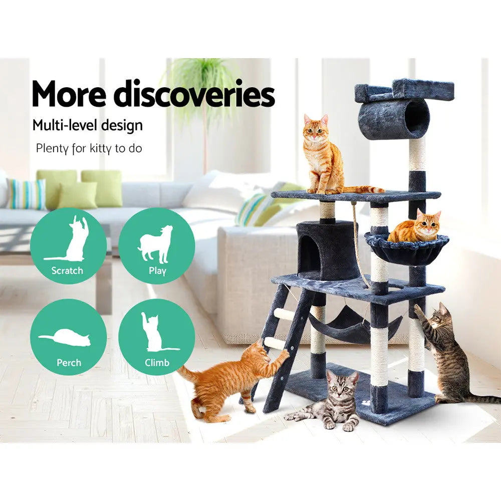 i.Pet Cat Tree 141cm Tower Scratching Post Scratcher Condo Wood House Bed Grey - Paws & Palettes