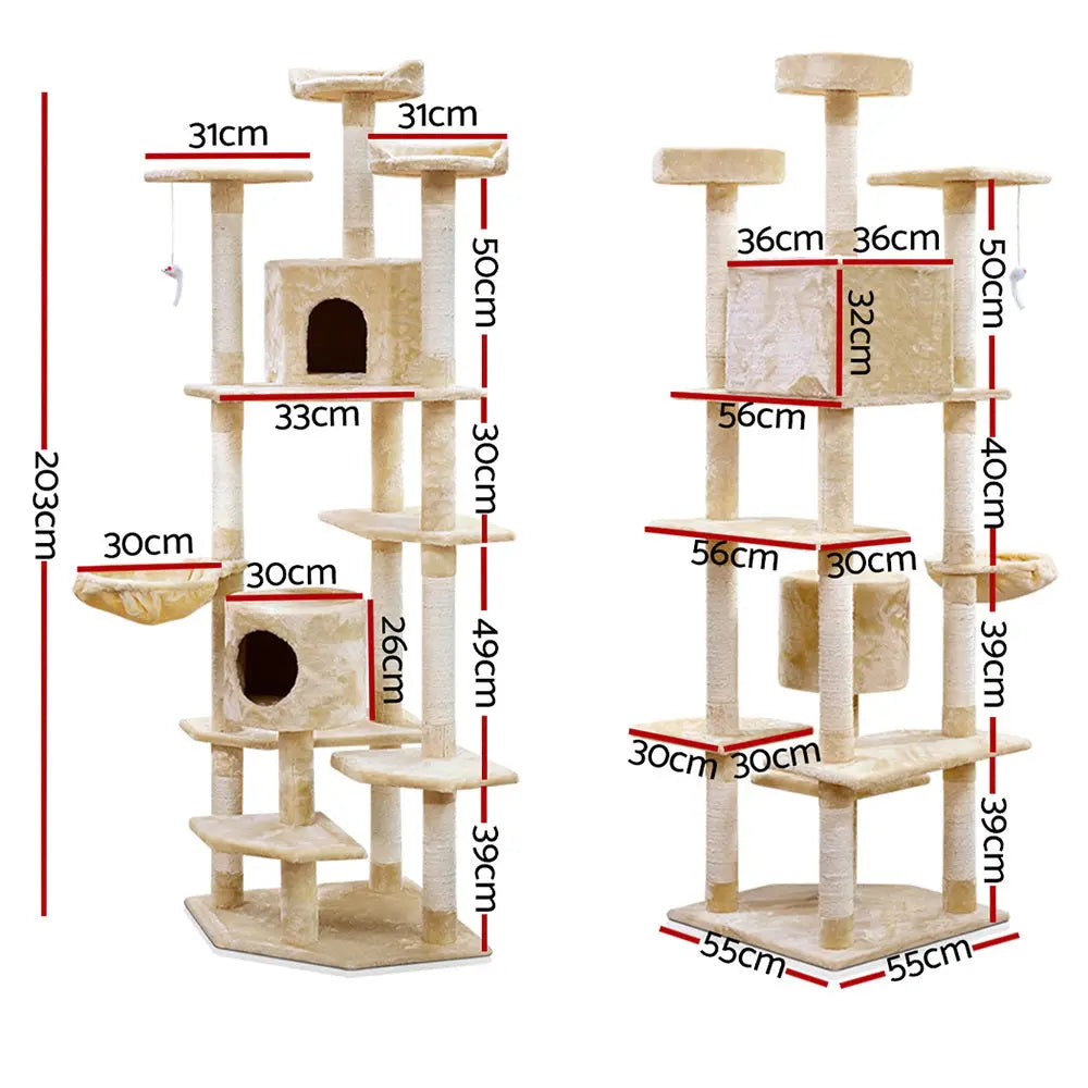 i.Pet Cat Tree 203cm Tower Scratching Post Scratcher Condo Trees House Bed Beige - Paws & Palettes