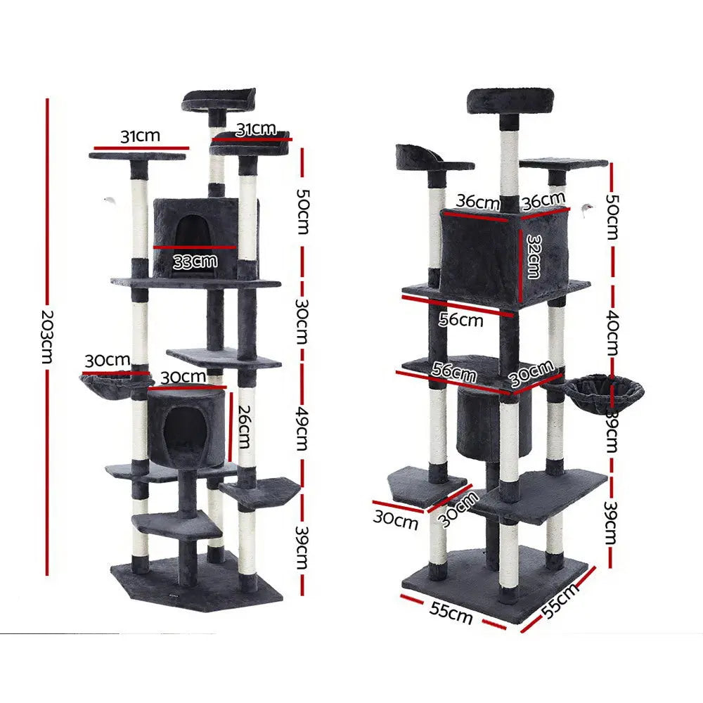 i.Pet Cat Tree 203cm Tower Scratching Post Scratcher Condo Trees House Bed Grey - Paws & Palettes
