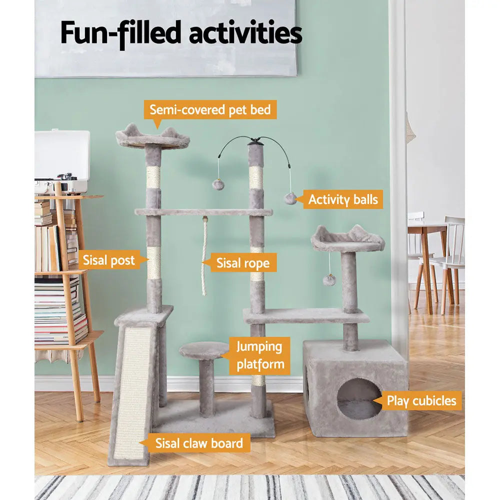 i.Pet Cat Tree 135cm Tower Scratching Post Scratcher Wood Condo House Toys Grey - Paws & Palettes