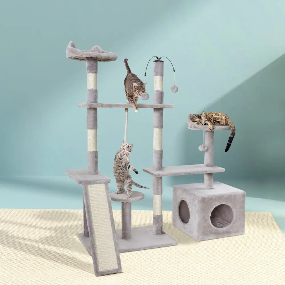 i.Pet Cat Tree 135cm Tower Scratching Post Scratcher Wood Condo House Toys Grey - Paws & Palettes