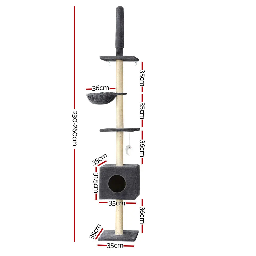 i.Pet Cat Tree 260cm Tower Scratching Post Scratcher Floor to Ceiling Cats Bed Dark Grey - Paws & Palettes