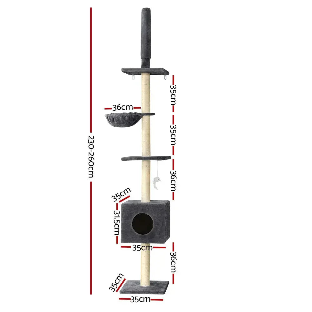 i.Pet Cat Tree 260cm Tower Scratching Post Scratcher Floor to Ceiling Cats Bed Dark Grey Dropshipzone