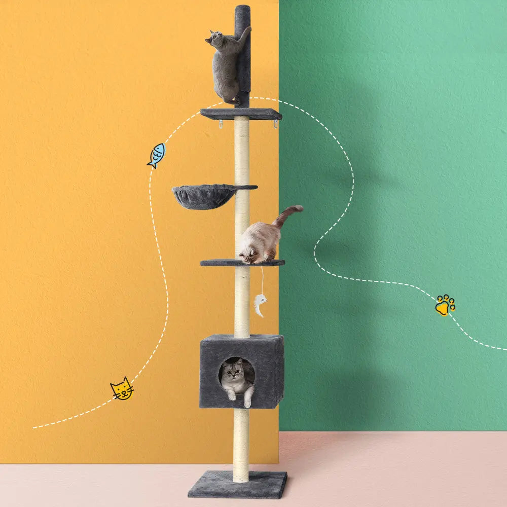 i.Pet Cat Tree 260cm Tower Scratching Post Scratcher Floor to Ceiling Cats Bed Dark Grey - Paws & Palettes