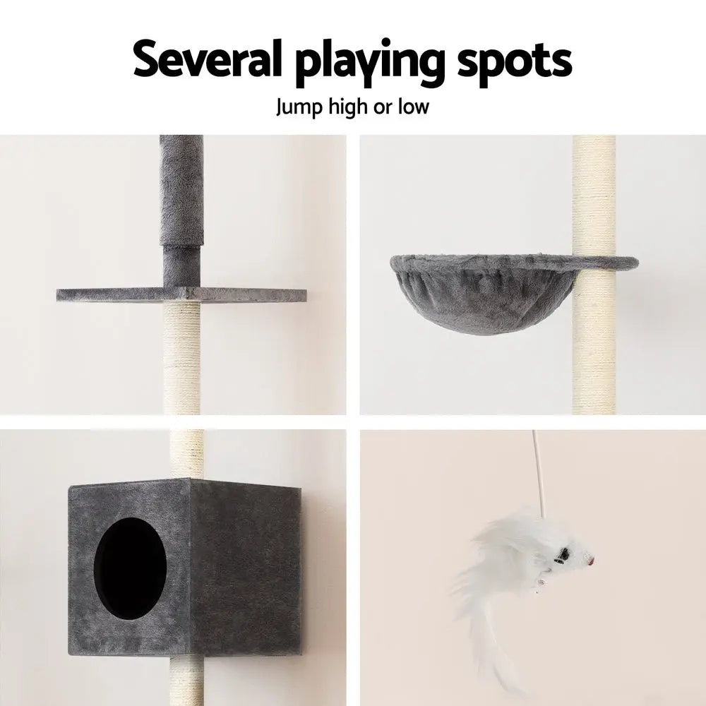i.Pet Cat Tree 260cm Tower Scratching Post Scratcher Floor to Ceiling Cats Bed Dark Grey - Paws & Palettes