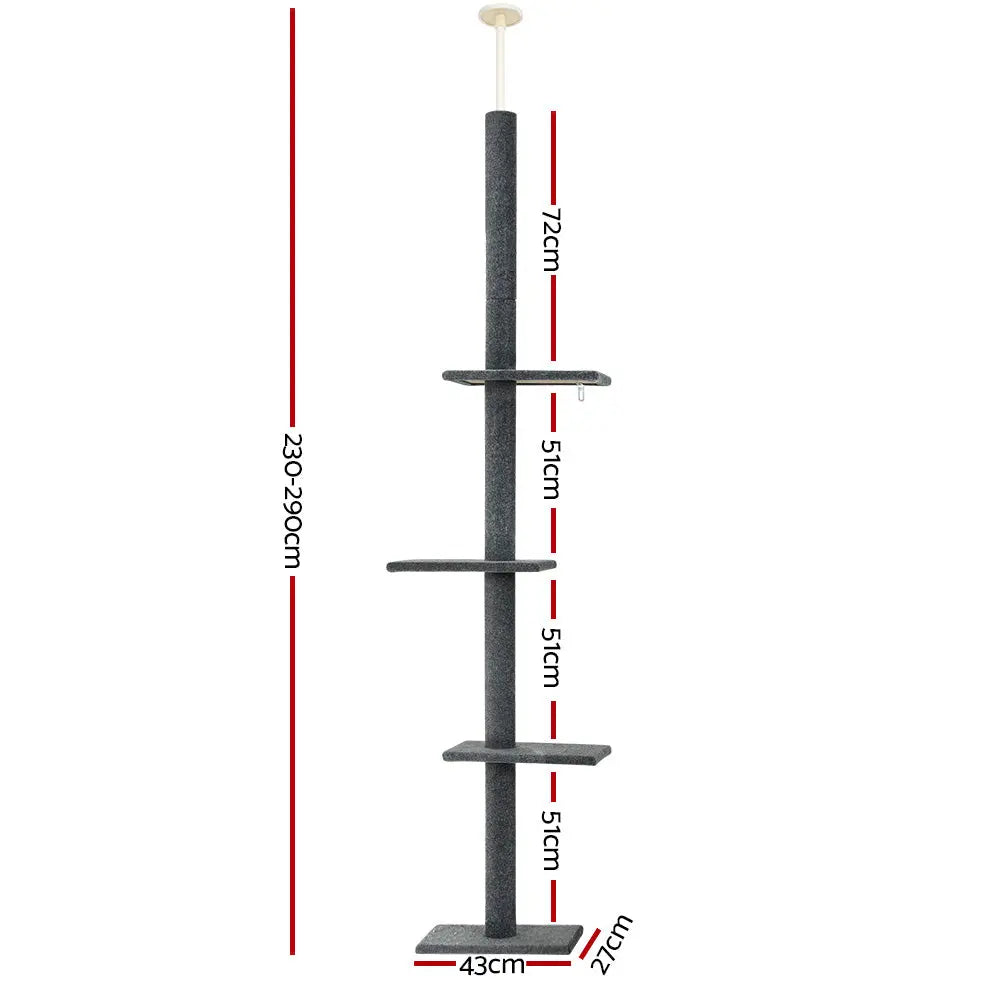 i.Pet Cat Tree 290cm Tower Scratching Post Scratcher Floor to Ceiling Cats Bed Grey - Paws & Palettes