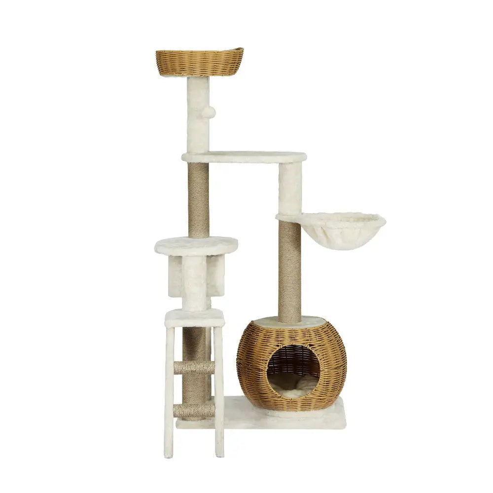 i.Pet Cat Tree 138cm Tower Scratching Post Scratcher Wood Bed Condo House Rattan Ladder - Paws & Palettes