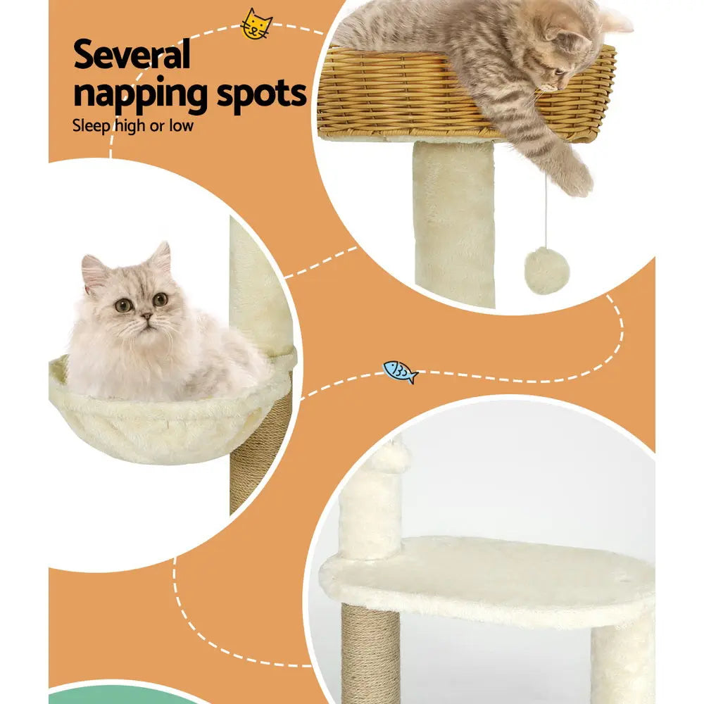 i.Pet Cat Tree 138cm Tower Scratching Post Scratcher Wood Bed Condo House Rattan Ladder - Paws & Palettes