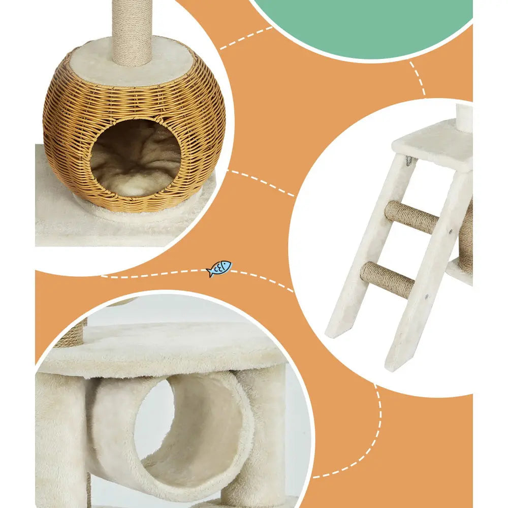 i.Pet Cat Tree 138cm Tower Scratching Post Scratcher Wood Bed Condo House Rattan Ladder - Paws & Palettes