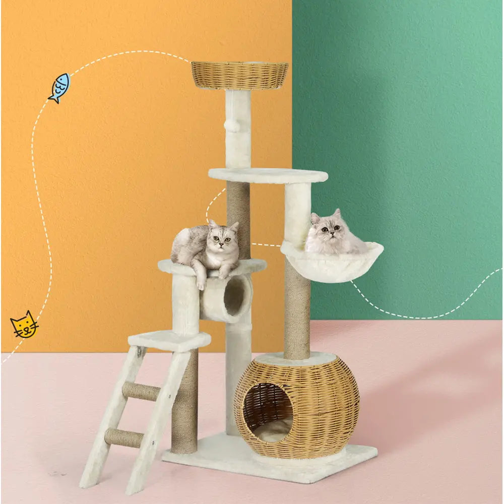 i.Pet Cat Tree 138cm Tower Scratching Post Scratcher Wood Bed Condo House Rattan Ladder - Paws & Palettes