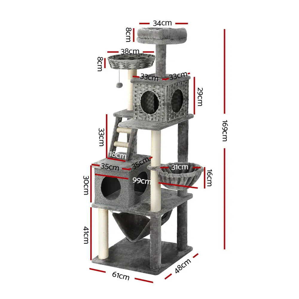 i.Pet Cat Tree 169cm Tower Scratching Post Scratcher Wood Bed Condo House Rattan Ladder - Paws & Palettes