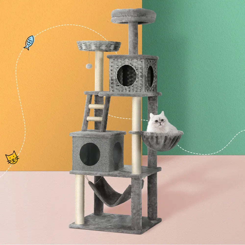 i.Pet Cat Tree 169cm Tower Scratching Post Scratcher Wood Bed Condo House Rattan Ladder - Paws & Palettes