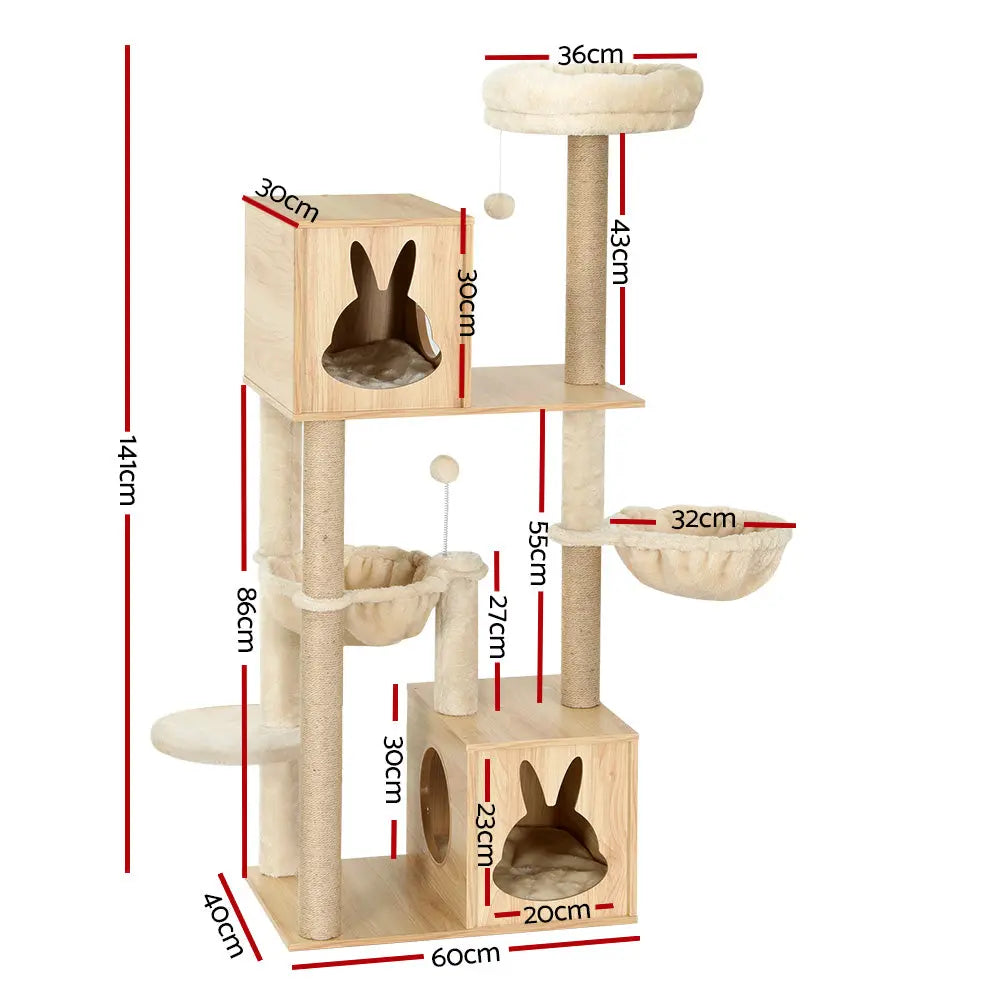 i.Pet Cat Tree 141cm Tower Scratching Post Scratcher Wood Bed Condo Toys House Ladder - Paws & Palettes