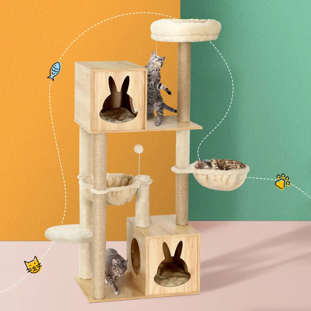 i.Pet Cat Tree 141cm Tower Scratching Post Scratcher Wood Bed Condo Toys House Ladder - Paws & Palettes