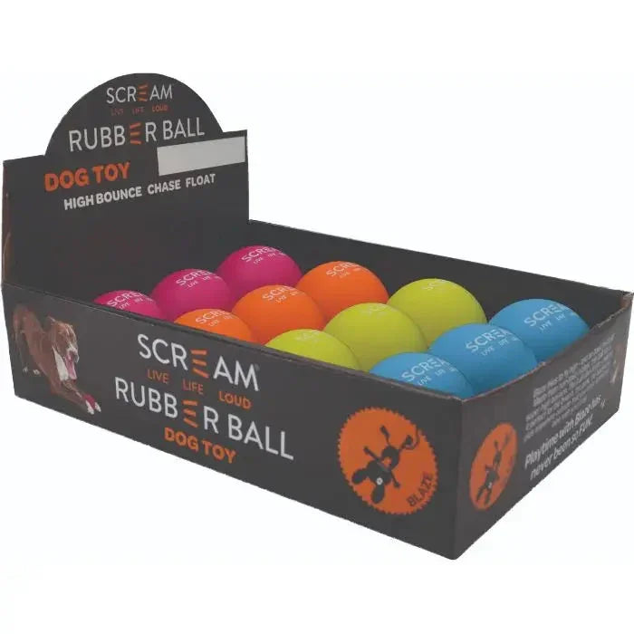 Scream – Rubber Ball – Asst Colours – Medium – 6cm – Counter Display Box 12 Agline
