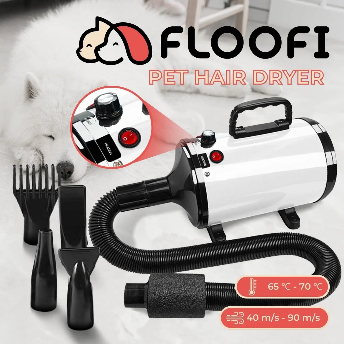 Floofi Pet Hair Dryer Advance Button Version (White) - Paws & Palettes