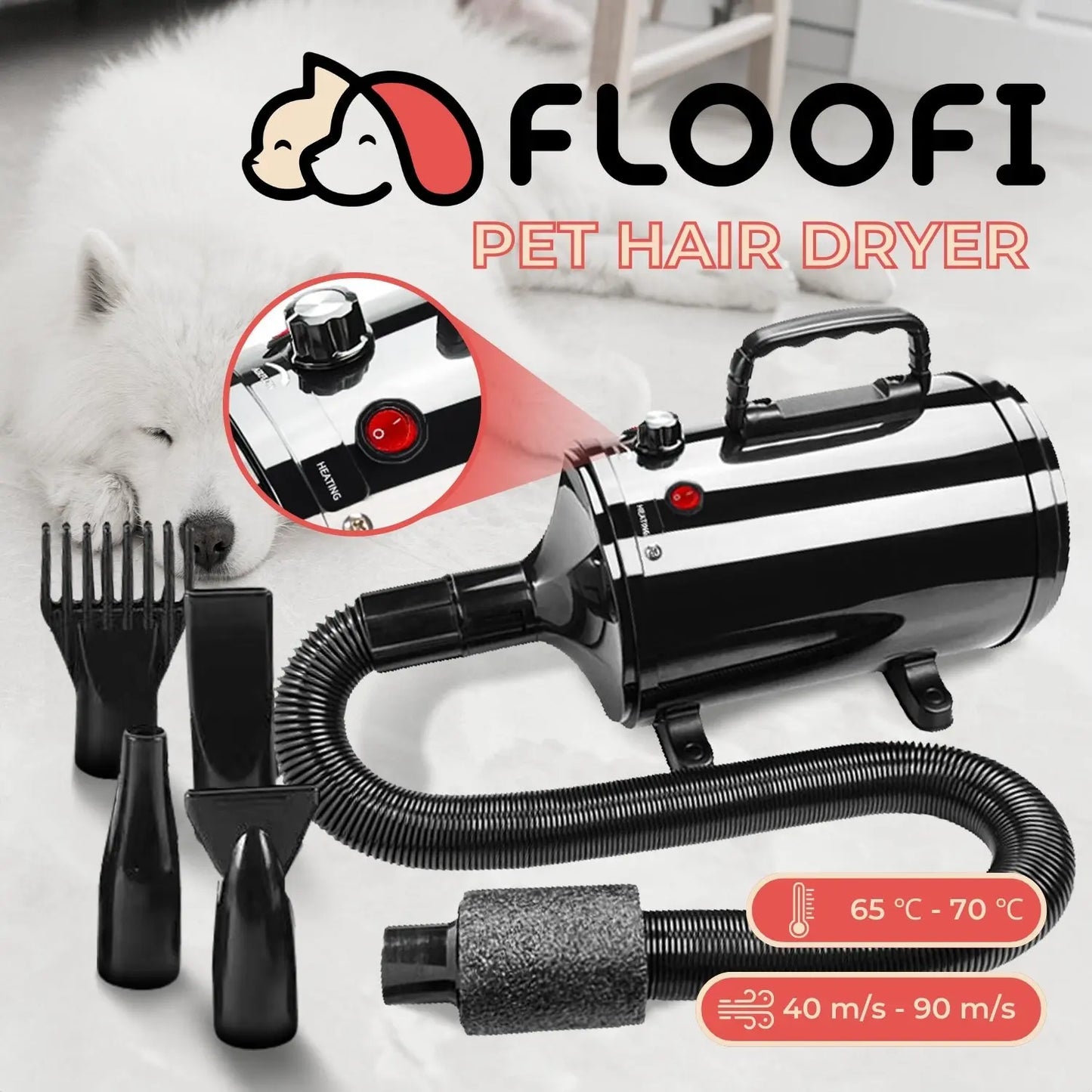 Floofi Pet Hair Dryer Advance Button Version (Black) - Paws & Palettes