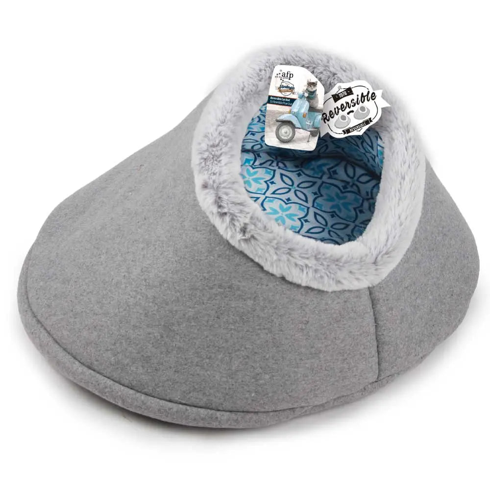 Igloo Cat Bed Reversible Cave - Grey Retro Vintage Faux Felt Fabric - AFP - Paws & Palettes