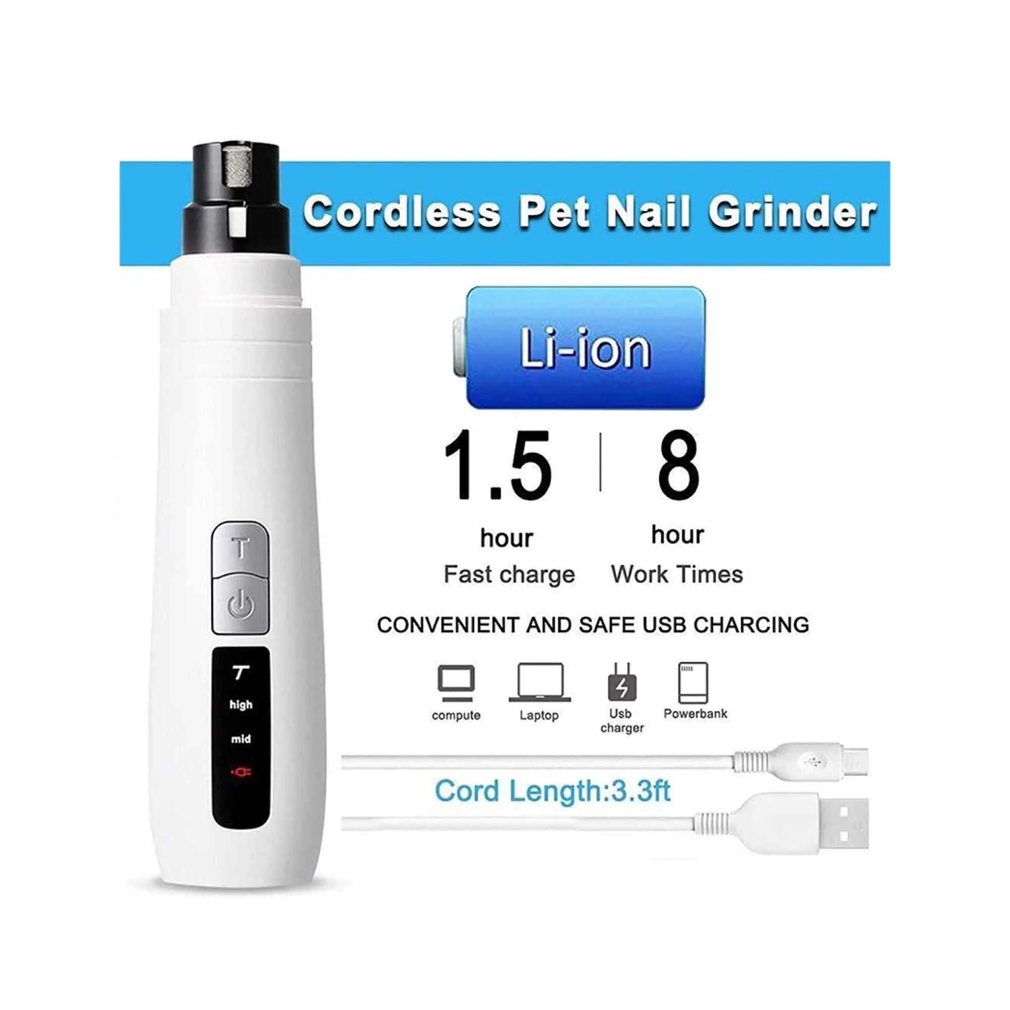 Pet Nail Grinder Dog Cat Electric Trimmer Turbo USB Rechargeable Claw Filer N9 - Paws & Palettes