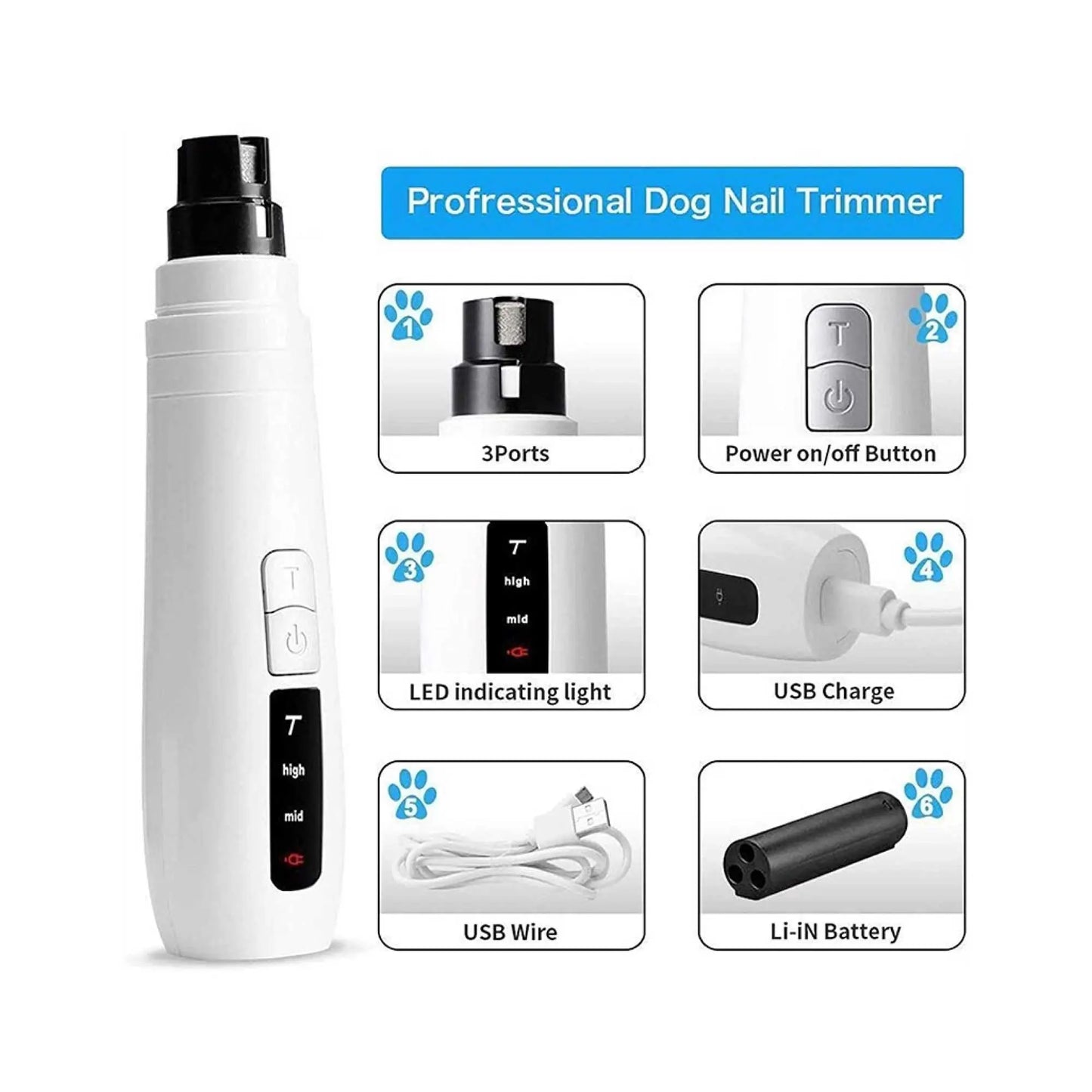 Pet Nail Grinder Dog Cat Electric Trimmer Turbo USB Rechargeable Claw Filer N9 - Paws & Palettes