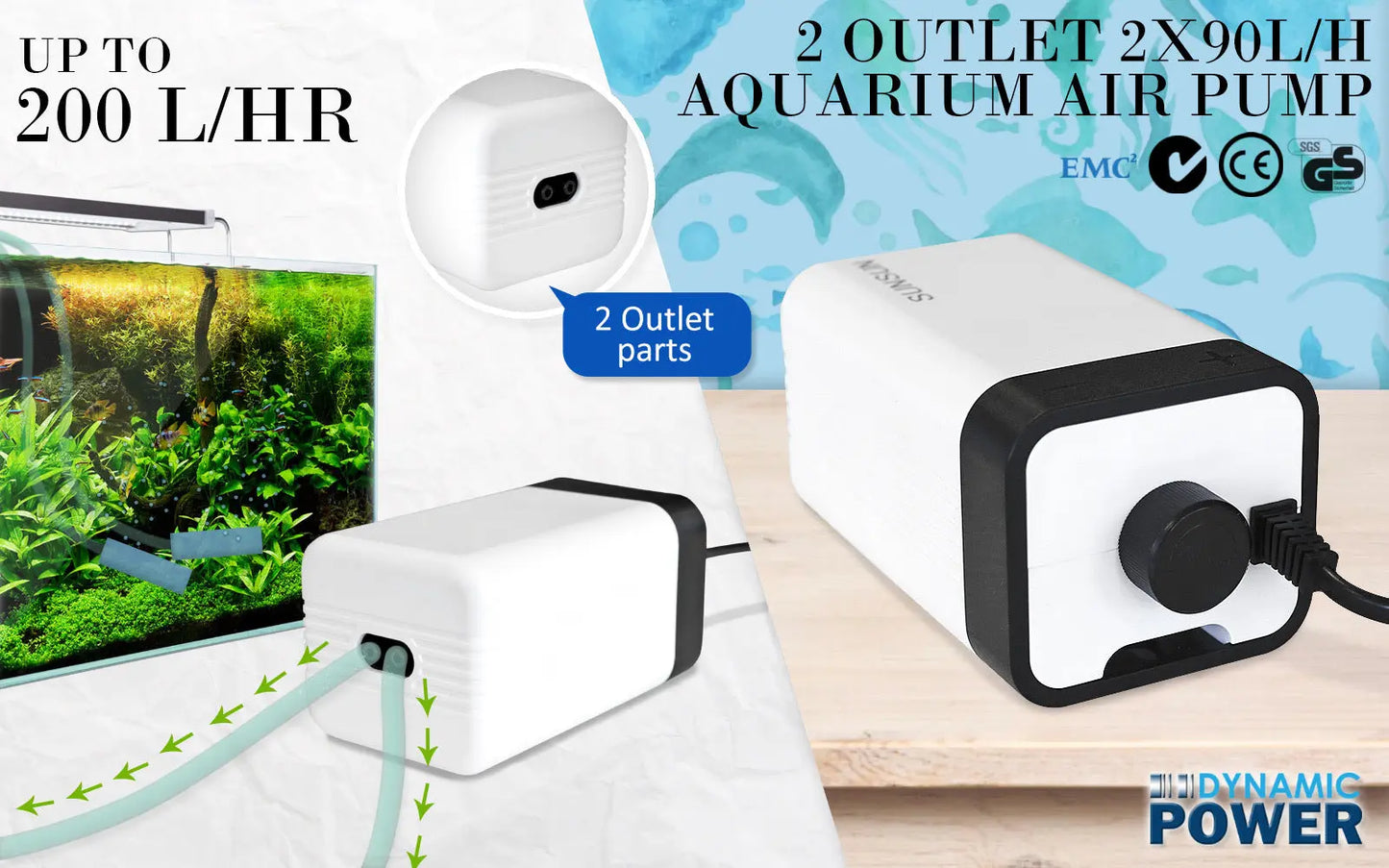 Aquarium Air Pump Oxygen Hydroponic 2 Outlet 180L/H 4W - Paws & Palettes