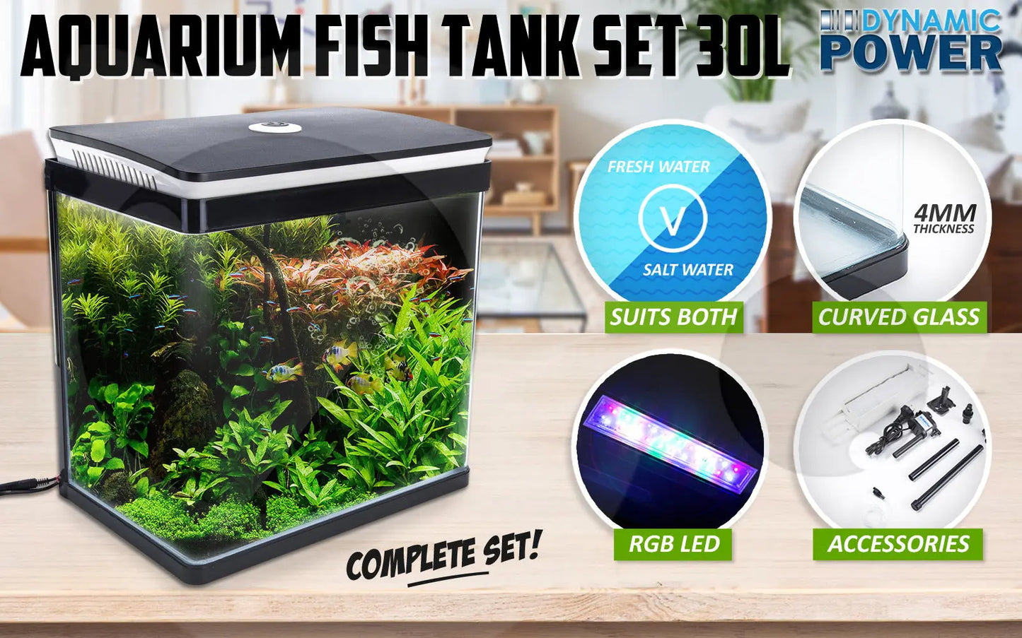 Aquarium Curved Glass RGB LED Fish Tank Set Filter Pump 30L - Paws & Palettes