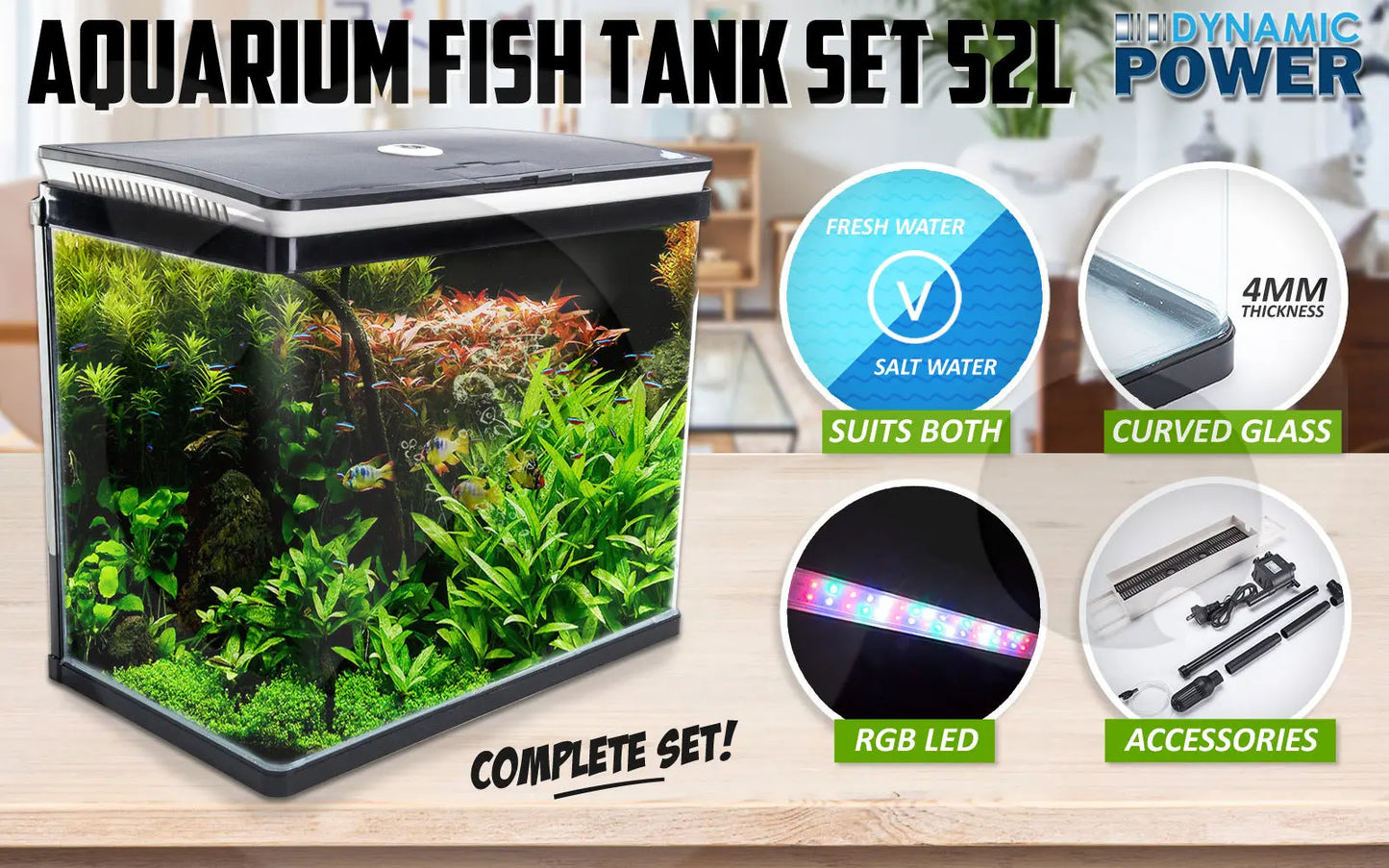 Aquarium Curved Glass RGB LED Fish Tank Set Filter Pump 52L - Paws & Palettes