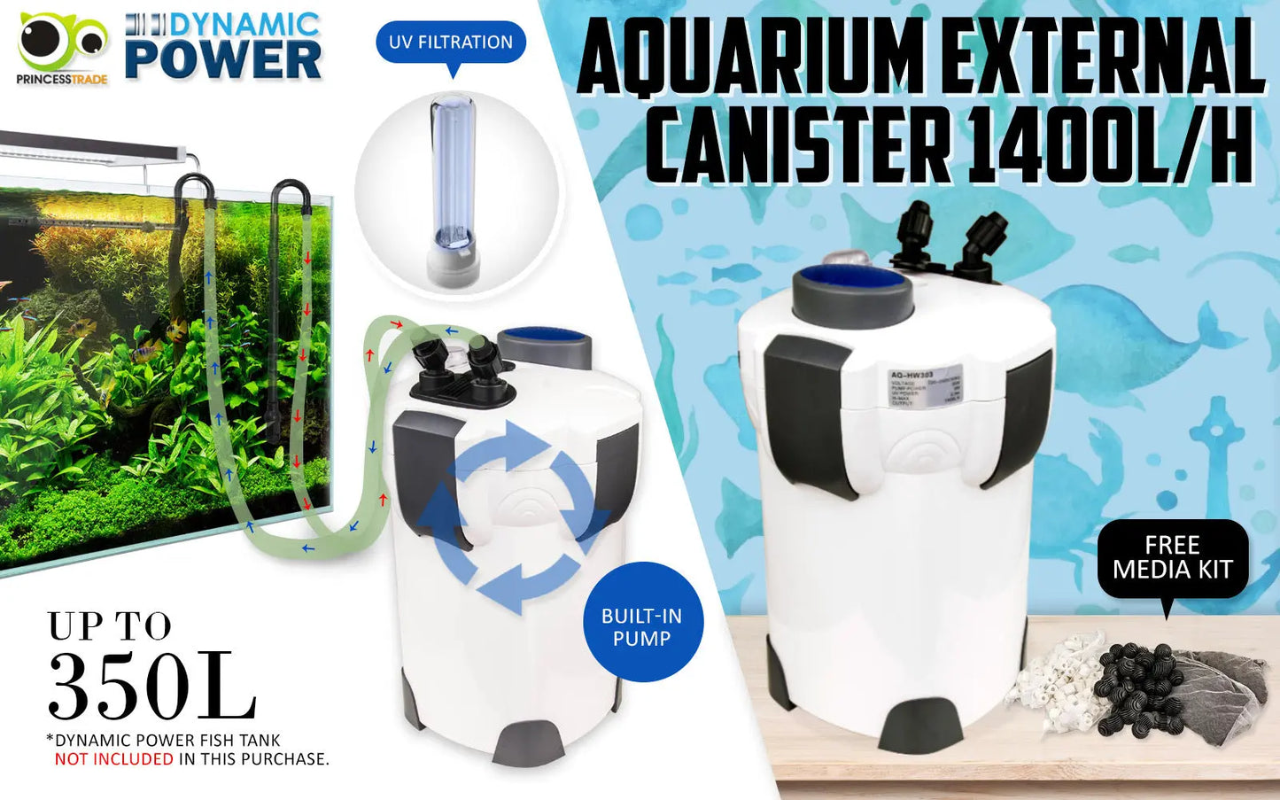 Aquarium UV Light External Canister Filter 1400L/H + Media Kit - Paws & Palettes