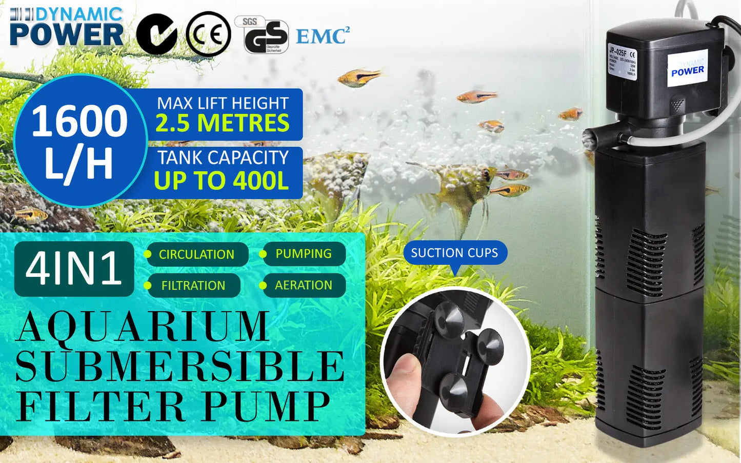 Aquarium Submersible Filter Pond Pump 1600L/H 35W 2.5m - Paws & Palettes