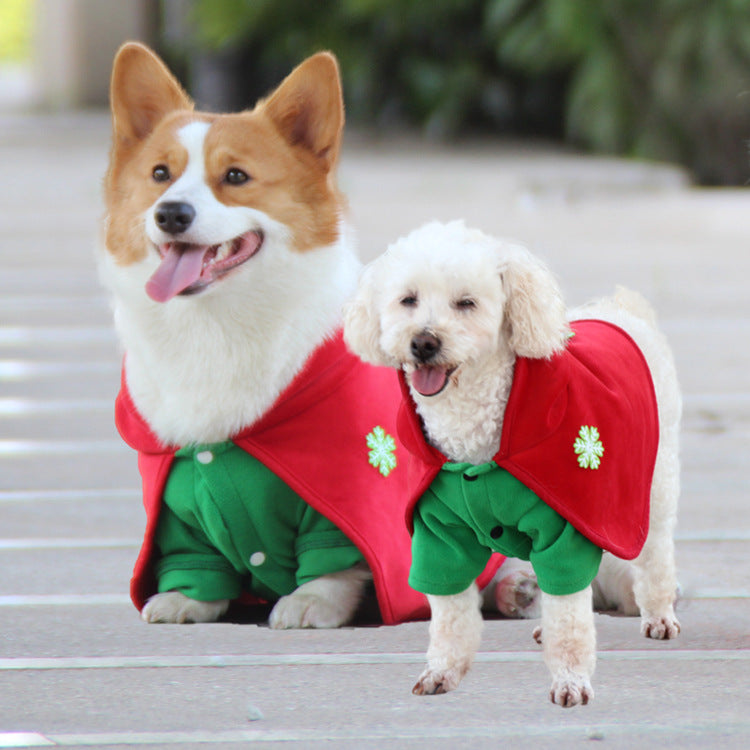 Christmas Dog Costume - Festive Hooded Cape & Green Jumpsuit Outfit Various Sizes.