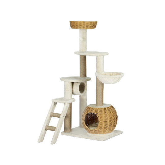 i.Pet Cat Tree 138cm Tower Scratching Post Scratcher Wood Bed Condo House Rattan Ladder - Paws & Palettes