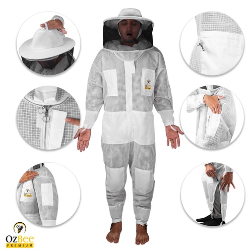 OZBee Premium Full Suit 3 Layer Mesh Ultra Cool Ventilated Round Head Beekeeping Protective Gear Size L - Paws & Palettes